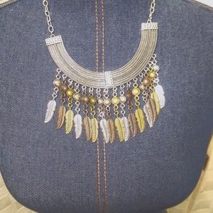 NWT Fierce in Feathers multi metal necklace with matching feather earrings